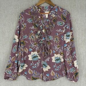 Chicos Blouse Top Womens 1 Medium Purple Floral Button Long Sleeve Pleat Ruffle